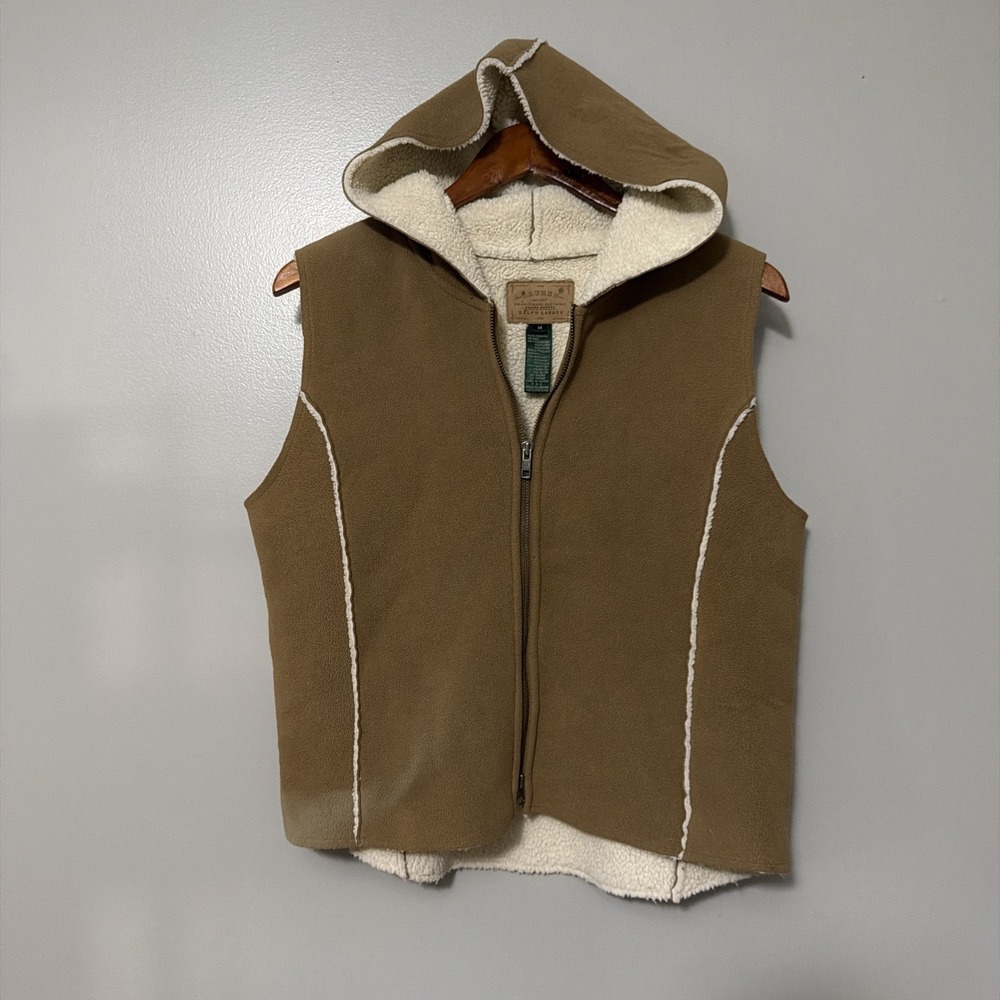 LAUREN RALPH LAUREN Sherpa Vest Womens M Brown Faux Suede Hooded Zip Up Western